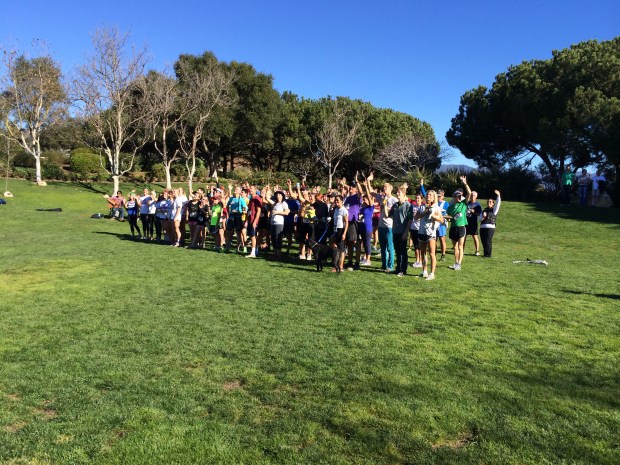 All of the racers for the inaugural year of the Elings Terrain Festival, which benefits the cross country teams at the local high schools here. Everybody is waving to the droid with the camera: