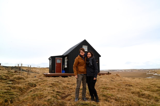 Our first picture together in Iceland, in front of our little home.