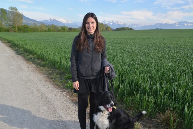 Walking Sam the dog with the Alps in the background. 
