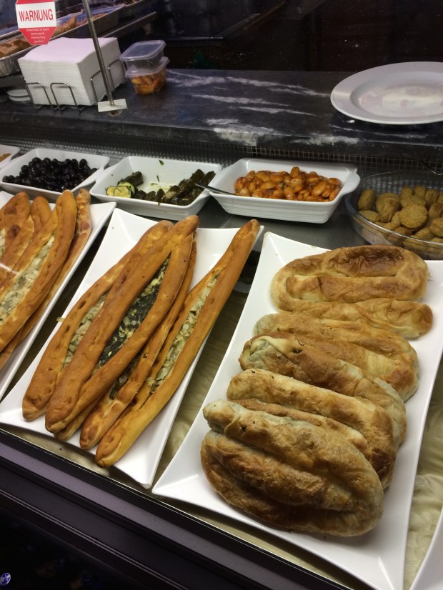 We found a place near our apartment called Veggie Döner and oh my god it was delicious. The seitan (basically vegetarian 'meat' made out of wheat gluten) was cooked on a spit like regular kebab meat, and shaved off and put in a tortilla with lots of other good stuff. And there were other Turkish goodies that looked delicious also.