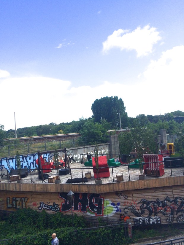 A club/bar that had techno music pumping 24 hours a day.