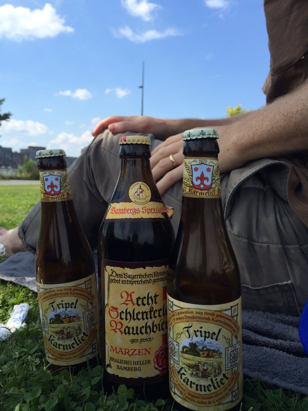We brought the middle beer from Berlin, and the Tripel Karmeliet is a beer I used to drink at a place in Athens, Georgia, when I was in the mood to buy an expensive beer. It was at the grocery store for so cheap!