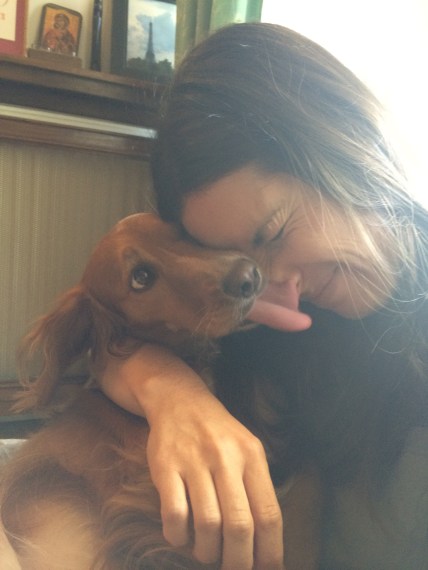 Me and Frimousse the dog, who I will miss. 