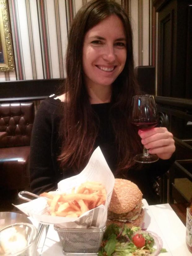 The hugest raw salmon burger and French fries. 